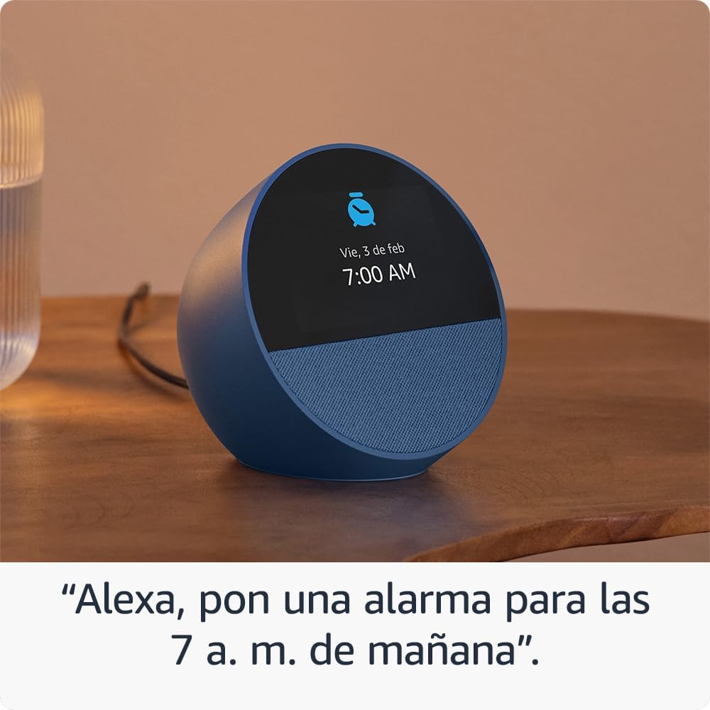 Amazon Echo Spot (modelo más reciente): ideal para mesitas de noche, oficinas y cocinas, incluye despertador inteligente con Alexa (negro)