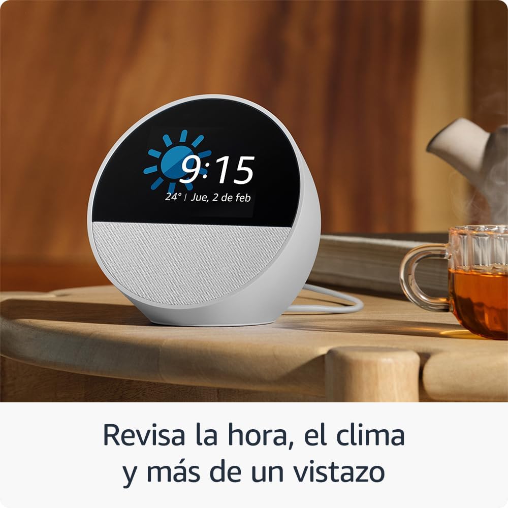 Amazon Echo Spot (modelo más reciente): ideal para mesitas de noche, oficinas y cocinas, incluye despertador inteligente con Alexa (negro)