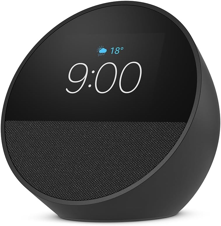 Amazon Echo Spot (modelo más reciente): ideal para mesitas de noche, oficinas y cocinas, incluye despertador inteligente con Alexa (negro)
