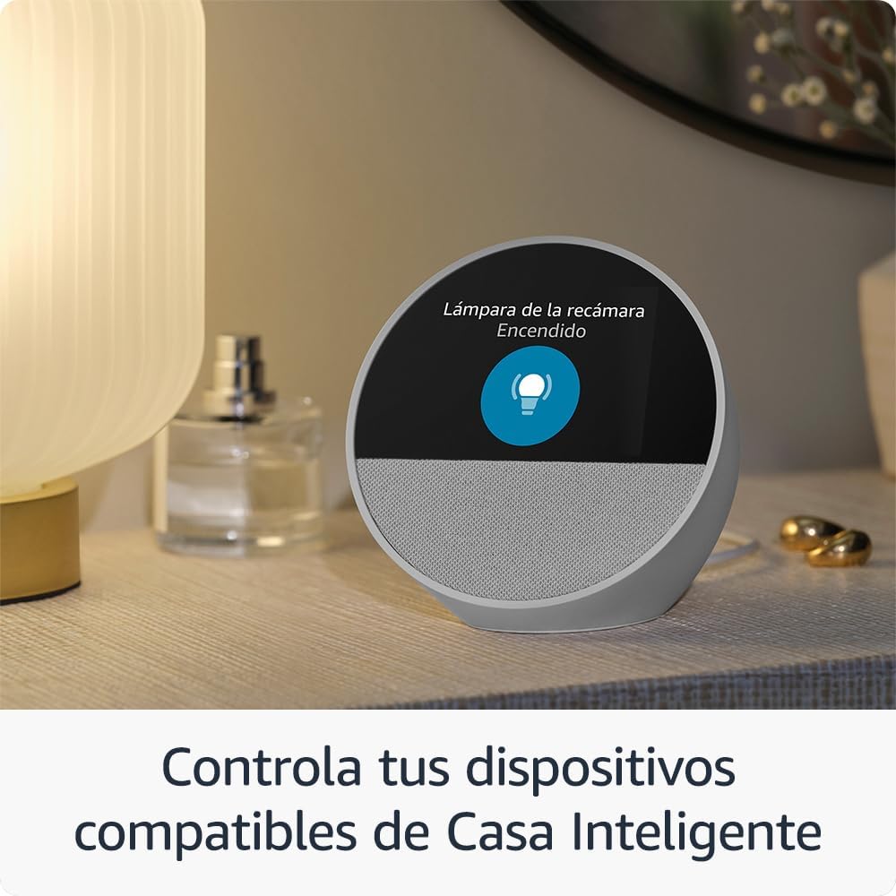 Amazon Echo Spot (modelo más reciente): ideal para mesitas de noche, oficinas y cocinas, incluye despertador inteligente con Alexa (negro)