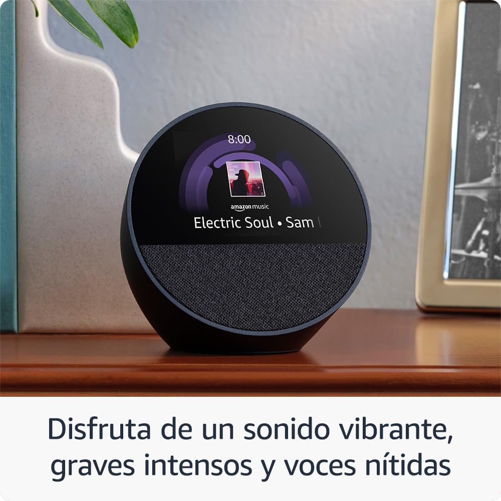 Amazon Echo Spot (modelo más reciente): ideal para mesitas de noche, oficinas y cocinas, incluye despertador inteligente con Alexa (negro)