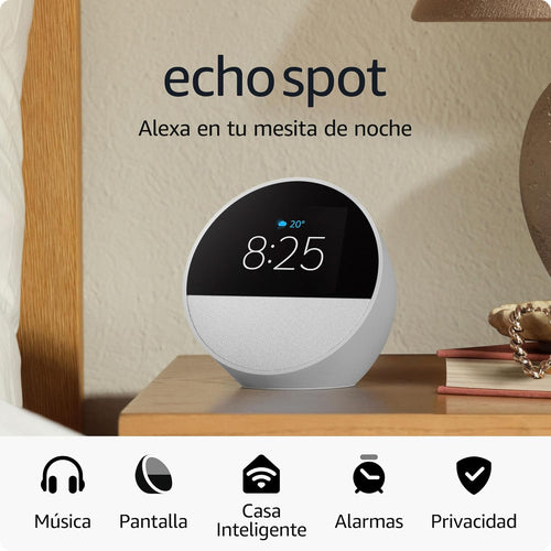 Amazon Echo Spot (modelo más reciente): ideal para mesitas de noche, oficinas y cocinas, incluye despertador inteligente con Alexa (negro)