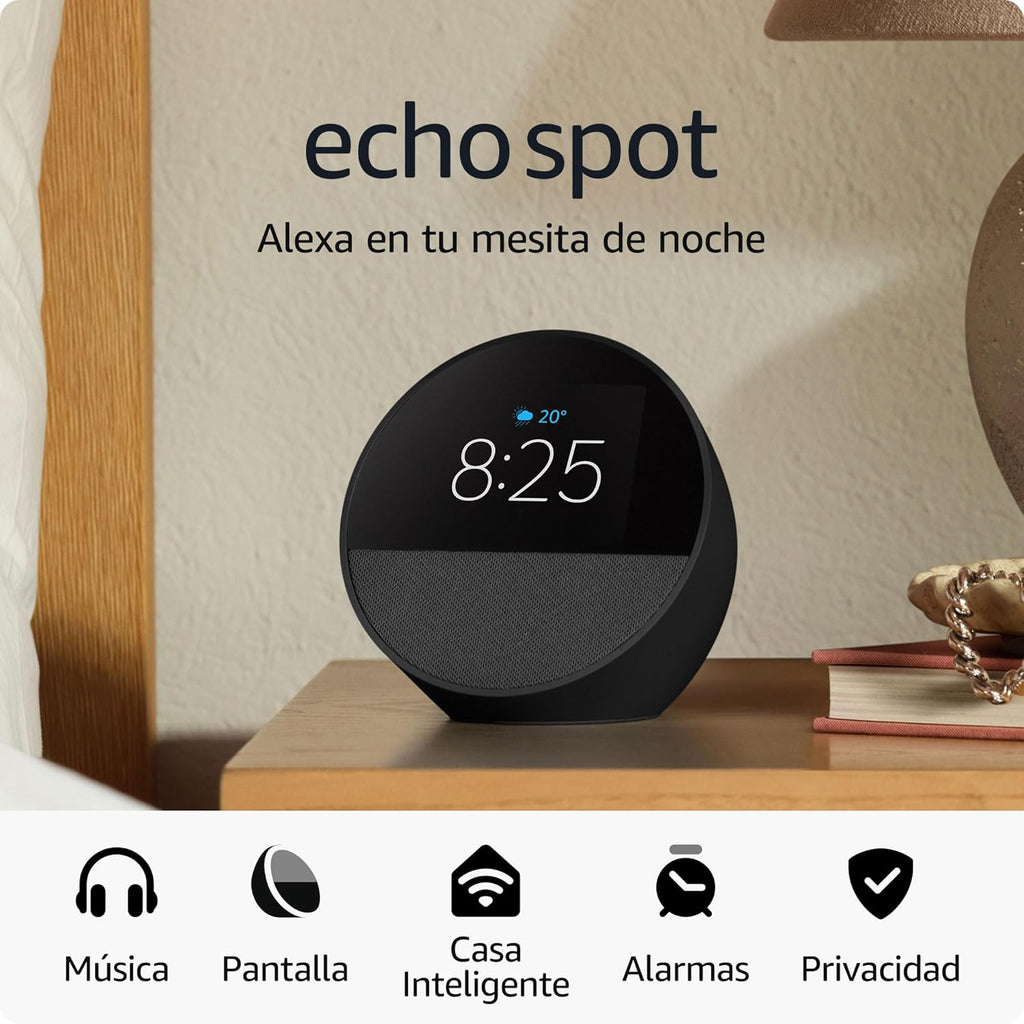 Amazon Echo Spot (modelo más reciente): ideal para mesitas de noche, oficinas y cocinas, incluye despertador inteligente con Alexa (negro)