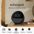Amazon Echo Spot (modelo más reciente): ideal para mesitas de noche, oficinas y cocinas, incluye despertador inteligente con Alexa (negro)