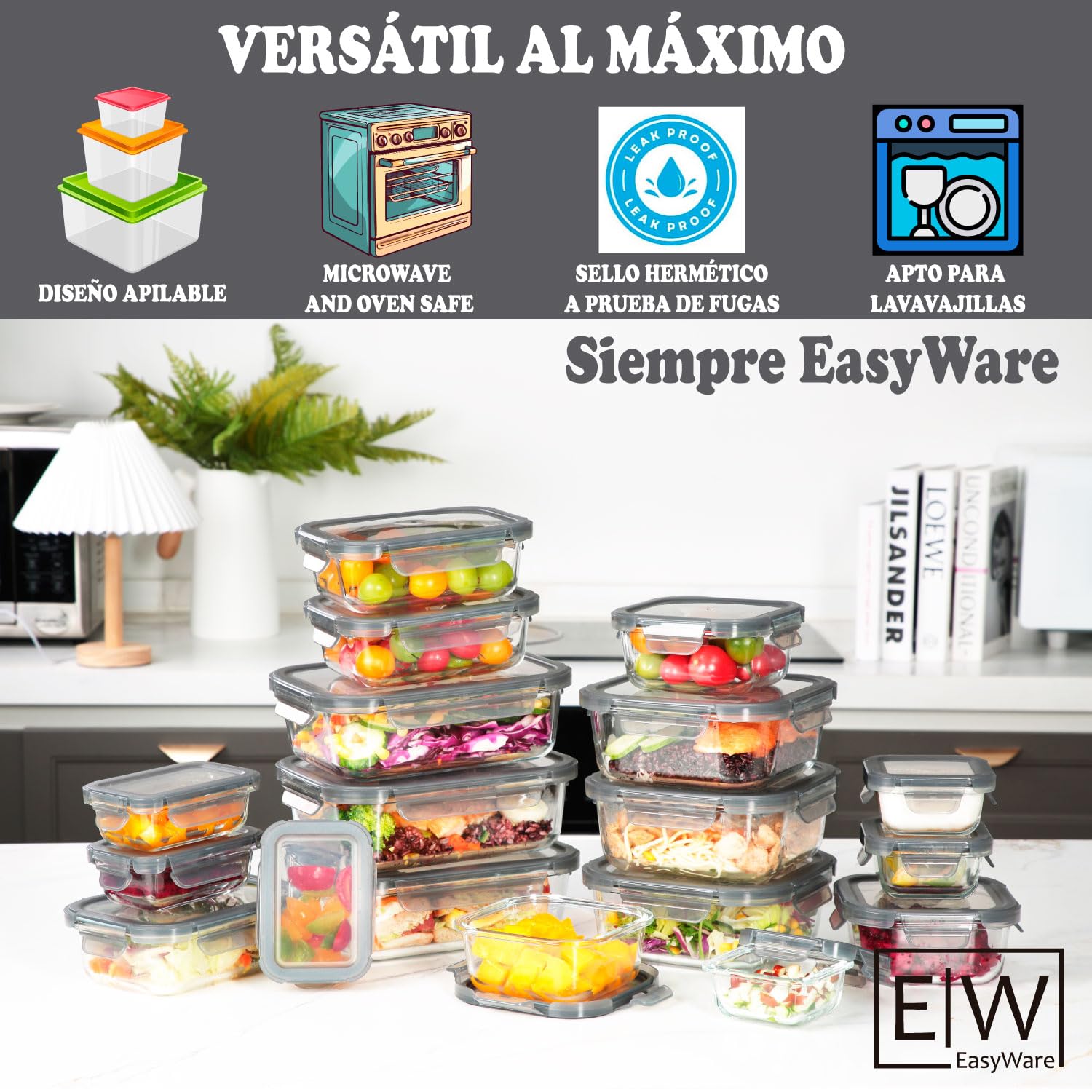 EasyWare JUMBO - Contenedores de VIDRIO, Recipientes para Alimentos, Tapas Cierre Fácil y Herméticas a prueba de fugas, Cocina, Horno, Refrigerador, Congelador (SET 10 RECIPIENTES JUMBO (20 PCS)) - KICK SHOP