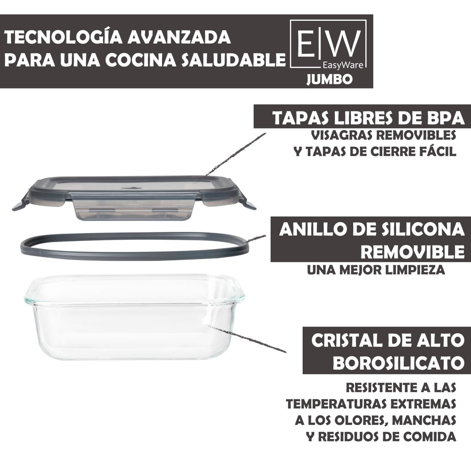 EasyWare JUMBO - Contenedores de VIDRIO, Recipientes para Alimentos, Tapas Cierre Fácil y Herméticas a prueba de fugas, Cocina, Horno, Refrigerador, Congelador (SET 10 RECIPIENTES JUMBO (20 PCS)) - KICK SHOP