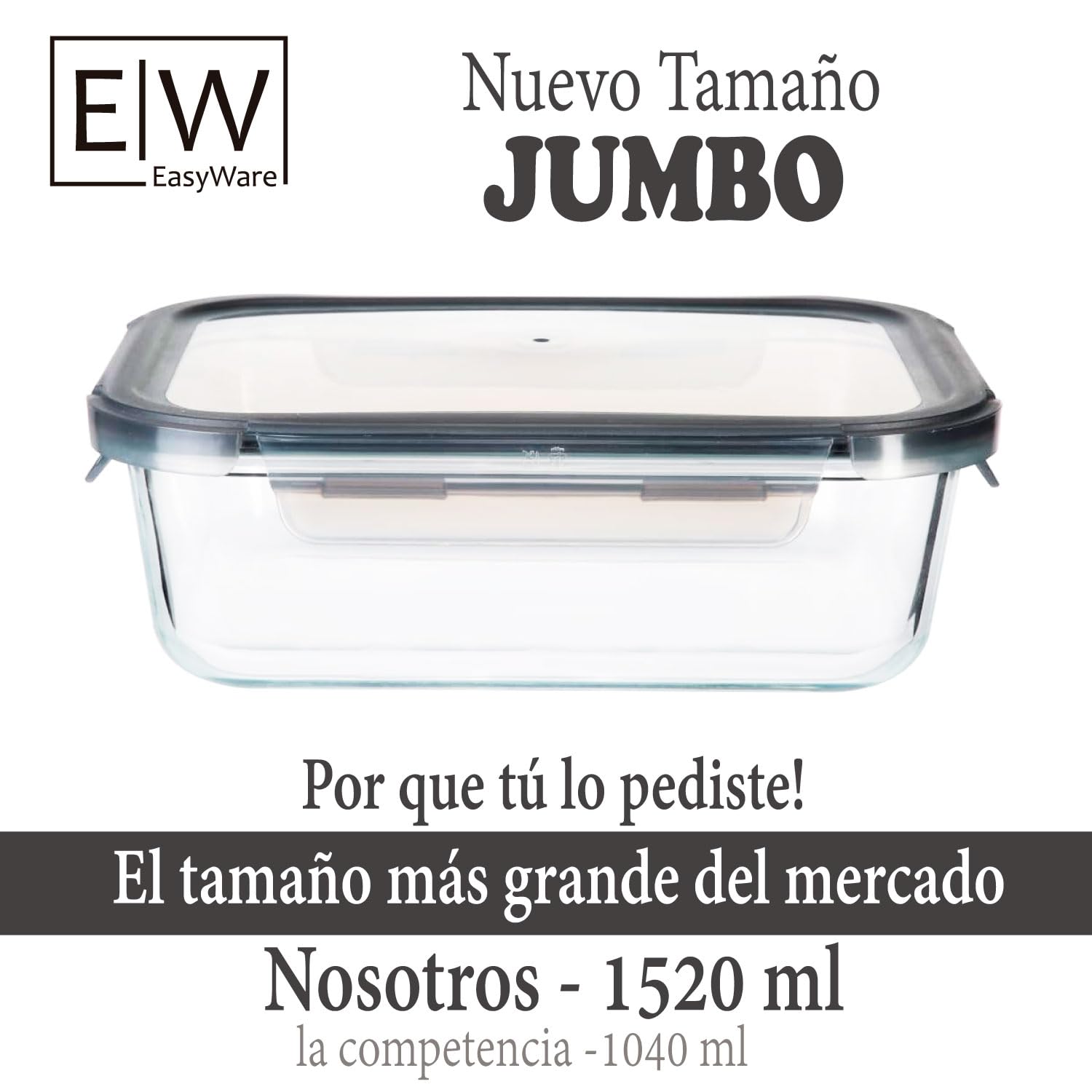 EasyWare JUMBO - Contenedores de VIDRIO, Recipientes para Alimentos, Tapas Cierre Fácil y Herméticas a prueba de fugas, Cocina, Horno, Refrigerador, Congelador (SET 10 RECIPIENTES JUMBO (20 PCS)) - KICK SHOP