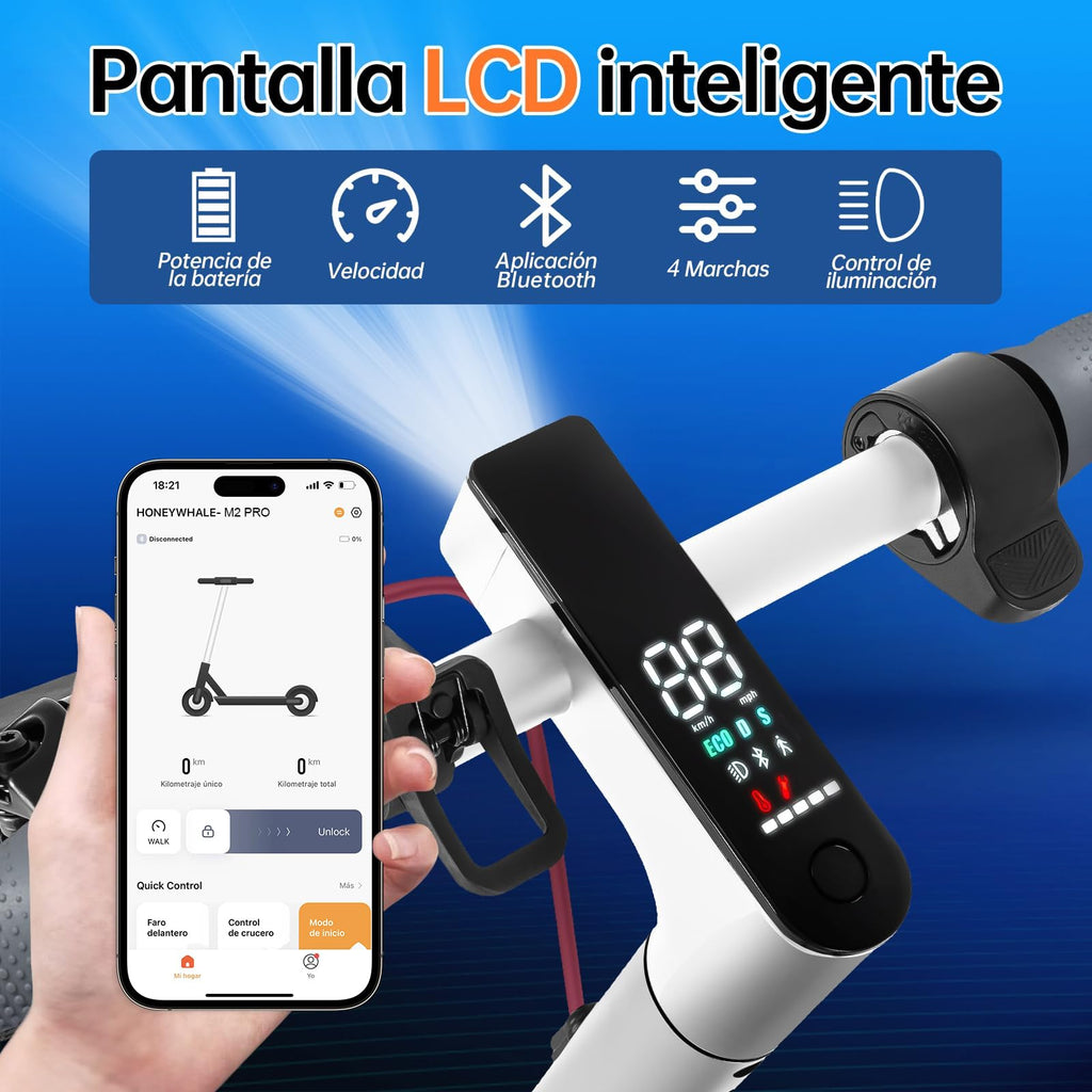 HONEYWHALE M2 Pro Scooter Eléctrico Plegable para Adultos, Motor de 500 W de Potencia Máxima, 22km con una Carga Completa, Velocidad Máxima 32km/h, Patin Eléctrico con App Control Bluetooth - KICK SHOP