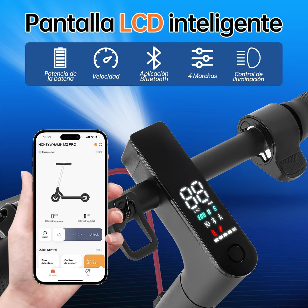 HONEYWHALE M2 Pro Scooter Eléctrico Plegable para Adultos, Motor de 500 W de Potencia Máxima, 22km con una Carga Completa, Velocidad Máxima 32km/h, Patin Eléctrico con App Control Bluetooth - KICK SHOP