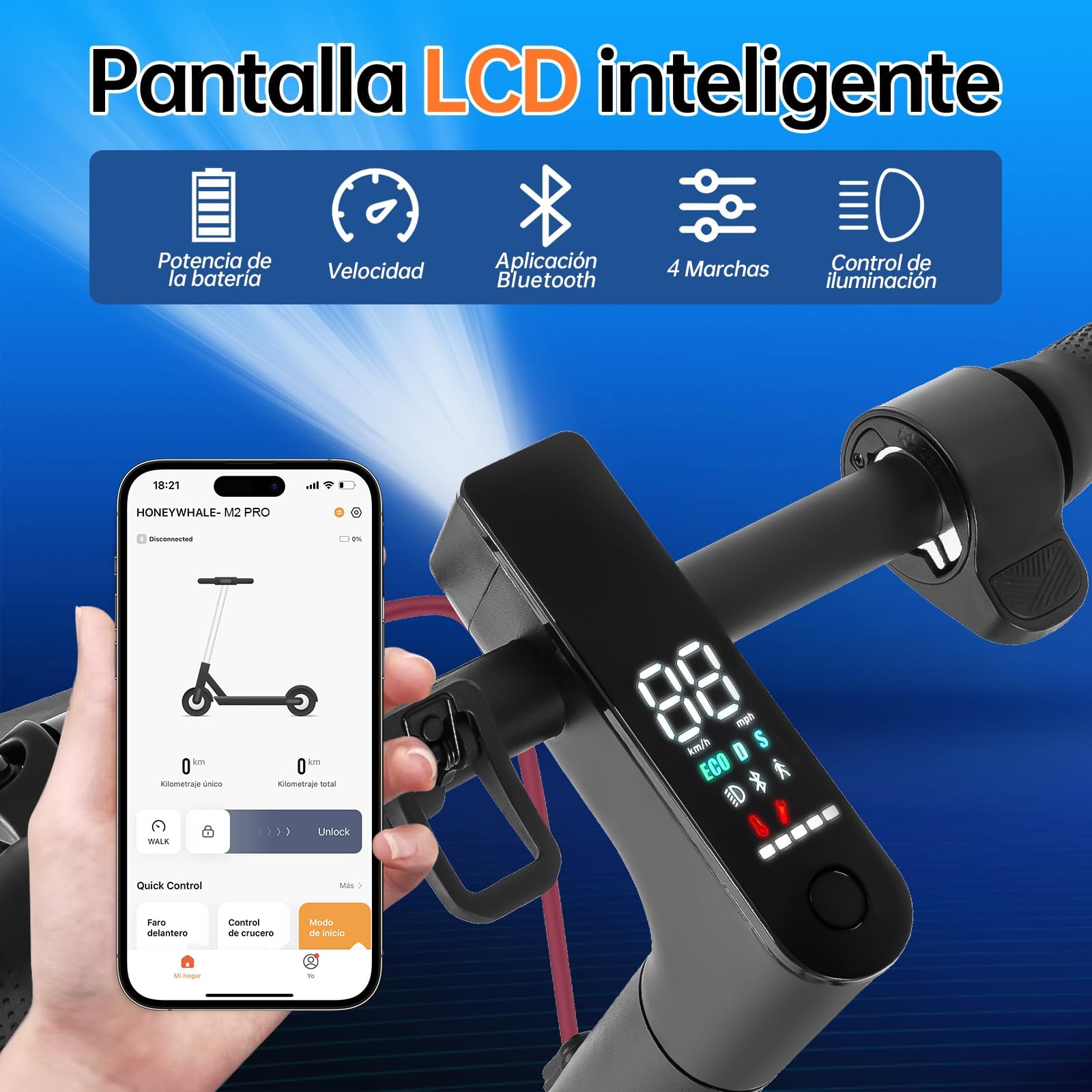 HONEYWHALE M2 Pro Scooter Eléctrico Plegable para Adultos, Motor de 500 W de Potencia Máxima, 22km con una Carga Completa, Velocidad Máxima 32km/h, Patin Eléctrico con App Control Bluetooth - KICK SHOP