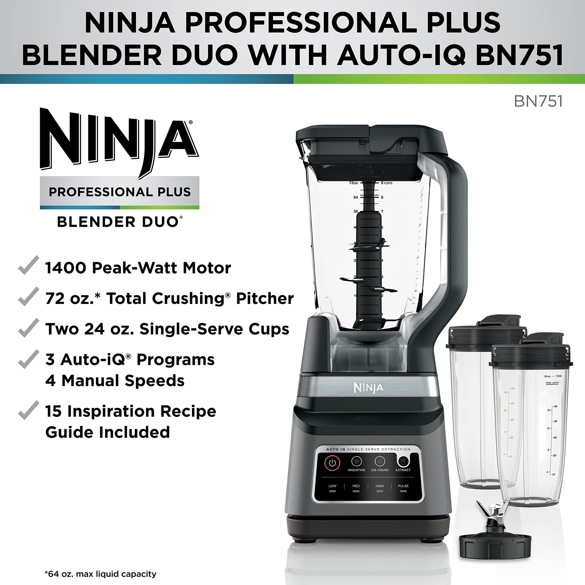 Ninja - Bender BN751 Professional Plus DUO, 1400 vatios de pico, 3 programas Auto - IQ para batidos, bebidas congeladas y extracciones de nutrientes, 72 oz Jarra trituradora total y (2) - KICK SHOP